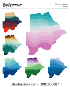Set of vector maps of Botswana. Vibrant waves design. Bright map of country in geometric smooth curves style. Charming vector illustration.