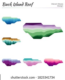 Conjunto de mapas vectoriales del arrecife de la isla de Buck. Diseño vibrante de olas. Mapa luminoso con un estilo geométrico de curvas lisas. Mapa multicolor del arrecife de la isla Buck para su diseño. Increíble ilustración vectorial.