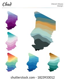 Set of vector maps of Chad. Vibrant waves design. Bright map of country in geometric smooth curves style. Multicolored Chad map for your design. Attractive vector illustration.