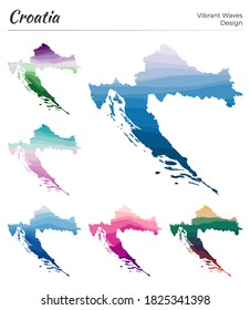 Set of vector maps of Croatia. Vibrant waves design. Bright map of the country in geometric smooth curves style. Multicolored Croatia map for your design. Captivating vector illustration.