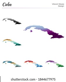 Set of vector maps of Cuba. Vibrant waves design. Bright map of country in geometric smooth curves style. Multicolored Cuba map for your design. Vibrant vector illustration.