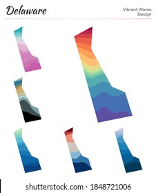 Set of vector maps of Delaware. Vibrant waves design. Bright map of us state in geometric smooth curves style. Multicolored Delaware map for your design. Modern vector illustration.
