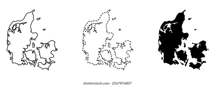 Set of vector maps of Denmark. Mercator projection. Filled and outline.