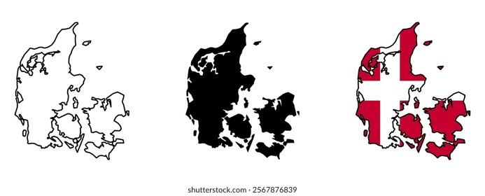 Set of vector maps of Denmark. Mercator projection. Filled and outline.