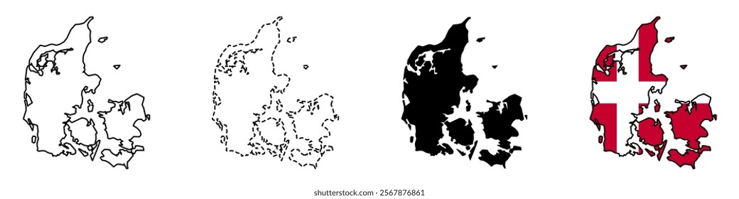 Set of vector maps of Denmark. Mercator projection. Filled and outline.