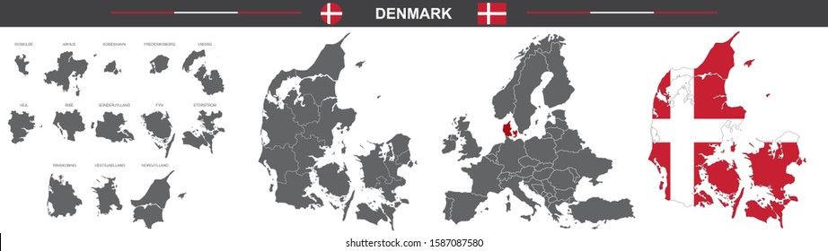 set of vector maps of Denmark on white background