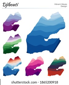 Conjunto de mapas vectoriales de Djibouti. Diseño vibrante de olas. Mapa luminoso del país en el estilo geométrico de curvas lisas. Mapa de Yibuti multicolor para tu diseño. Increíble ilustración vectorial.