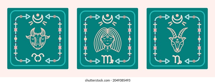 A set of vector maps with earth signs of the zodiac. Astrological cards.