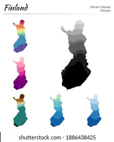 Set of vector maps of Finland. Vibrant waves design. Bright map of the country in geometric smooth curves style. Multicolored Finland map for your design. Elegant vector illustration.