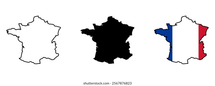 Set of vector maps of France. Mercator projection. Filled and outline.
