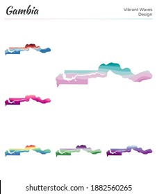 Conjunto de mapas vectoriales de Gambia. Diseño vibrante de olas. Mapa luminoso del país en el estilo geométrico de curvas lisas. Mapa de Gambia multicolor para tu diseño. Increíble ilustración vectorial.