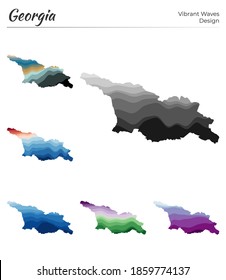 Set of vector maps of Georgia. Vibrant waves design. Bright map of country in geometric smooth curves style. Multicolored Georgia map for your design. Superb vector illustration.