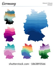 Set of vector maps of Germany. Vibrant waves design. Bright map of country in geometric smooth curves style. Multicolored Germany map for your design. Artistic vector illustration.