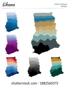 Set of vector maps of Ghana. Vibrant waves design. Bright map of country in geometric smooth curves style. Multicolored Ghana map for your design. Trendy vector illustration.