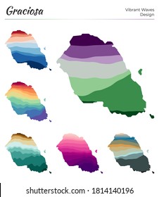 Set of vector maps of Graciosa. Vibrant waves design. Bright map of island in geometric smooth curves style. Multicolored Graciosa map for your design. Amazing vector illustration.