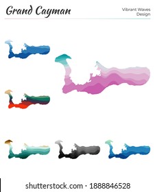 Set of vector maps of Grand Cayman. Vibrant waves design. Bright map of island in geometric smooth curves style. Multicolored Grand Cayman map for your design. Astonishing vector illustration.