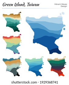 Mapas vectoriales de la Isla Verde, Taiwán. Diseño vibrante de olas. Estilo de curvas geométricas y suaves de mapin brillante. Mapa de la isla verde multicolor, Taiwán para su diseño.
