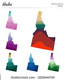 Set of vector maps of Idaho. Vibrant waves design. Bright map of us state in geometric smooth curves style. Multicolored Idaho map for your design. Superb vector illustration.