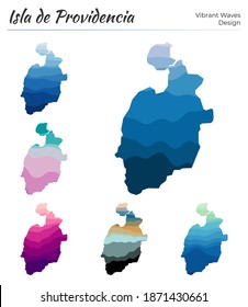 Set of vector maps of Isla de Providencia. Vibrant waves design. Bright map of island in geometric smooth curves style. Multicolored Isla de Providencia map for your design..