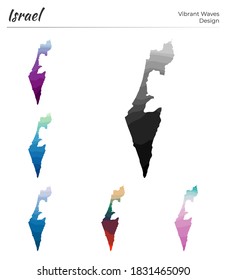 Set of vector maps of Israel. Vibrant waves design. Bright map of country in geometric smooth curves style. Multicolored Israel map for your design. Radiant vector illustration.