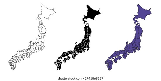 A set of vector maps of Japan with prefecture boundaries in three styles