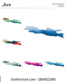 Set of vector maps of Java. Vibrant waves design. Bright map of island in geometric smooth curves style. Multicolored Java map for your design. Vibrant vector illustration.