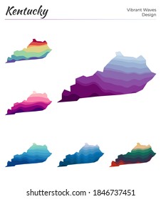 Set of vector maps of Kentucky. Vibrant waves design. Bright map of US state in geometric smooth curves style. Multicolored Kentucky map for your design. Appealing vector illustration.