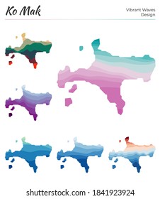 Set of vector maps of Ko Mak. Vibrant waves design. Bright map of island in geometric smooth curves style. Multicolored Ko Mak map for your design. Captivating vector illustration.