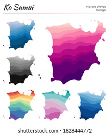 Set of vector maps of Ko Samui. Vibrant waves design. Bright map of island in geometric smooth curves style. Multicolored Ko Samui map for your design. Modern vector illustration.