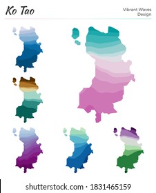 Set of vector maps of Ko Tao. Vibrant waves design. Bright map of island in geometric smooth curves style. Multicolored Ko Tao map for your design. Neat vector illustration.
