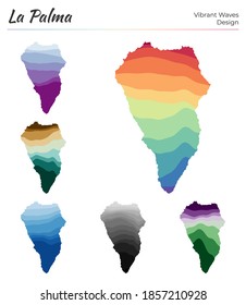 Set of vector maps of La Palma. Vibrant waves design. Bright map of island in geometric smooth curves style. Multicolored La Palma map for your design. Vibrant vector illustration.