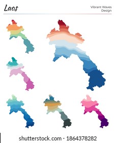 Set of vector maps of Laos. Vibrant waves design. Bright map of country in geometric smooth curves style. Multicolored Laos map for your design. Awesome vector illustration.