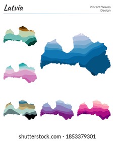 Set of vector maps of Latvia. Vibrant waves design. Bright map of country in geometric smooth curves style. Multicolored Latvia map for your design. Modern vector illustration.