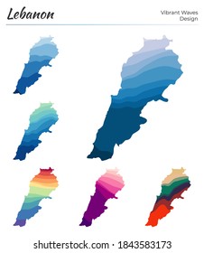 Conjunto de mapas vectoriales del Líbano. Diseño vibrante de olas. Mapa luminoso del país en el estilo geométrico de curvas lisas. Mapa del Líbano multicolor para tu diseño. Hermosa ilustración vectorial.