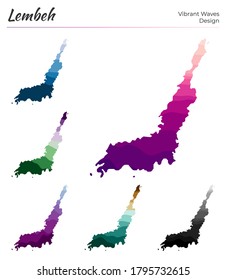 Set of vector maps of Lembeh. Vibrant waves design. Bright map of island in geometric smooth curves style. Multicolored Lembeh map for your design. Amazing vector illustration.