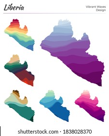 Set of vector maps of Liberia. Vibrant waves design. Bright map of country in geometric smooth curves style. Multicolored Liberia map for your design. Captivating vector illustration.