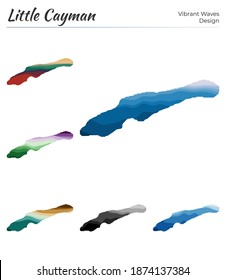 Conjunto de mapas vectoriales de Little Cayman. Diseño vibrante de olas. Mapa luminoso de la isla en estilo de curvas geométricas y lisas. Mapa multicolor de Little Caimán para tu diseño. Ilustración vectorial artística.
