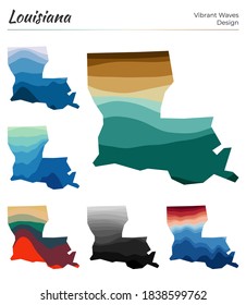 Set of vector maps of Louisiana. Vibrant waves design. Bright map of US state in geometric smooth curves style. Multicolored Louisiana map for your design. Artistic vector illustration.
