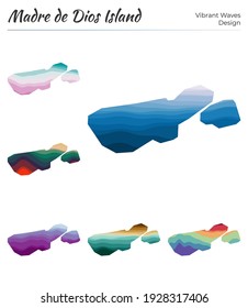 Set of vector maps of Madre de Dios Island. Vibrant waves design. Bright mapin geometric smooth curves style. Multicolored Madre de Dios Island map for your design.