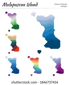 Set of vector maps of Malapascua Island. Vibrant waves design. Bright map in geometric smooth curves style. Multicolored Malapascua Island map for your design. Creative vector illustration.