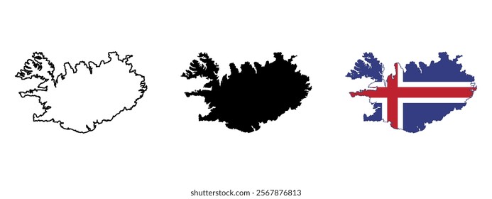 Set of vector maps of Iceland . Mercator projection. Filled and outline.
