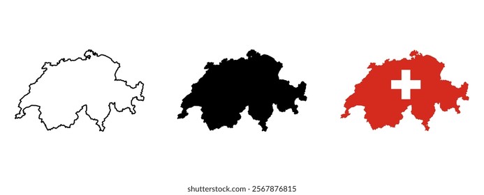 Set of vector maps of Switzerland . Mercator projection. Filled and outline.