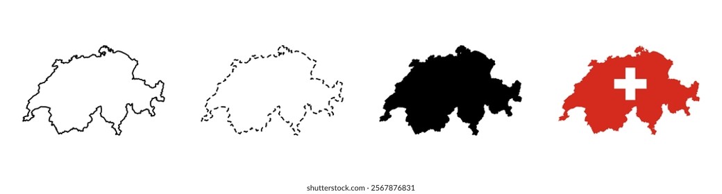 Set of vector maps of Switzerland . Mercator projection. Filled and outline.