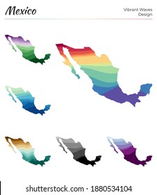 Set of vector maps of Mexico. Vibrant waves design. Bright map of country in geometric smooth curves style. Multicolored Mexico map for your design. Stylish vector illustration.