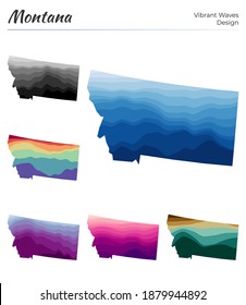 Set of vector maps of Montana. Vibrant waves design. Bright map of us state in geometric smooth curves style. Multicolored Montana map for your design. Classy vector illustration.