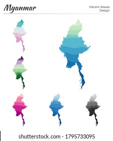 Set of vector maps of Myanmar. Vibrant waves design. Bright map of the country in geometric smooth curves style. Multicolored Myanmar map for your design. Vibrant vector illustration.