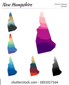 Set of vector maps of New Hampshire. Vibrant waves design. Bright map of us state in geometric smooth curves style. Multicolored New Hampshire map for your design. Modern vector illustration.