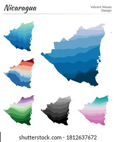 Set of vector maps of Nicaragua. Vibrant waves design. Bright map of country in geometric smooth curves style. Multicolored Nicaragua map for your design. Classy vector illustration.