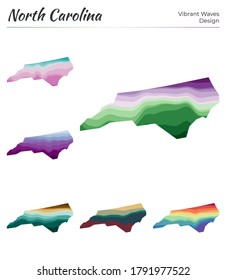 Set of vector maps of North Carolina. Vibrant waves design. Bright map of us state in geometric smooth curves style. Multicolored North Carolina map for your design. Cool vector illustration.