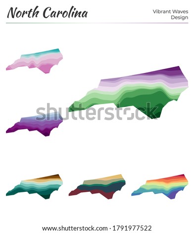 Set of vector maps of North Carolina. Vibrant waves design. Bright map of US state in geometric smooth curves style. Multicolored North Carolina map for your design. Cool vector illustration.